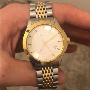 Gucci G-Timeless two tone silver dial watch 38mm